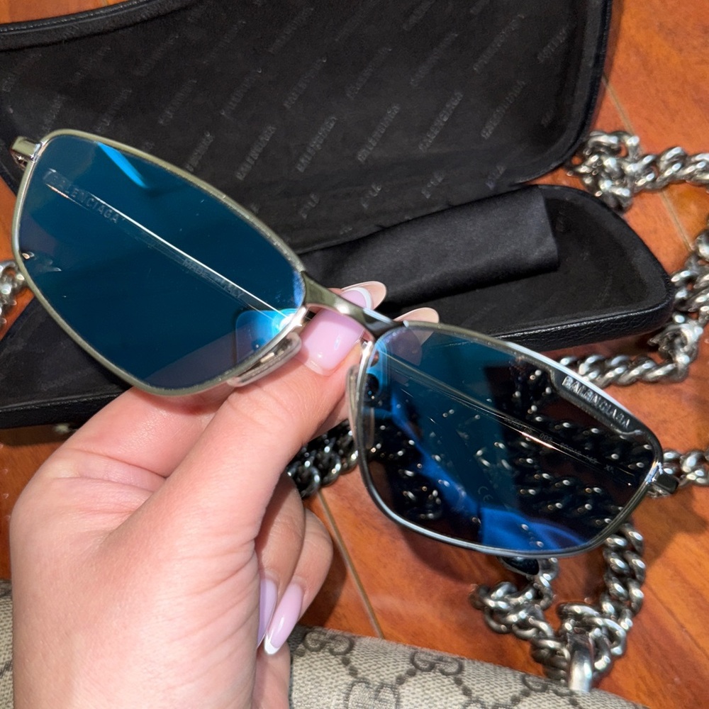 Balenciaga Silver Frame Sunglasses with Blue Lenses - Picture 6 of 7